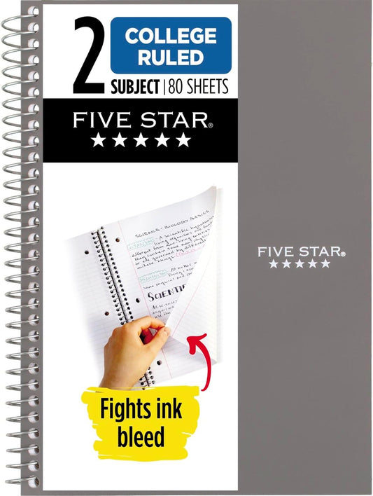 Five Star Spiral Notebook, 2 Subject, College Ruled, 80 Sheets, Compact Size, Gray