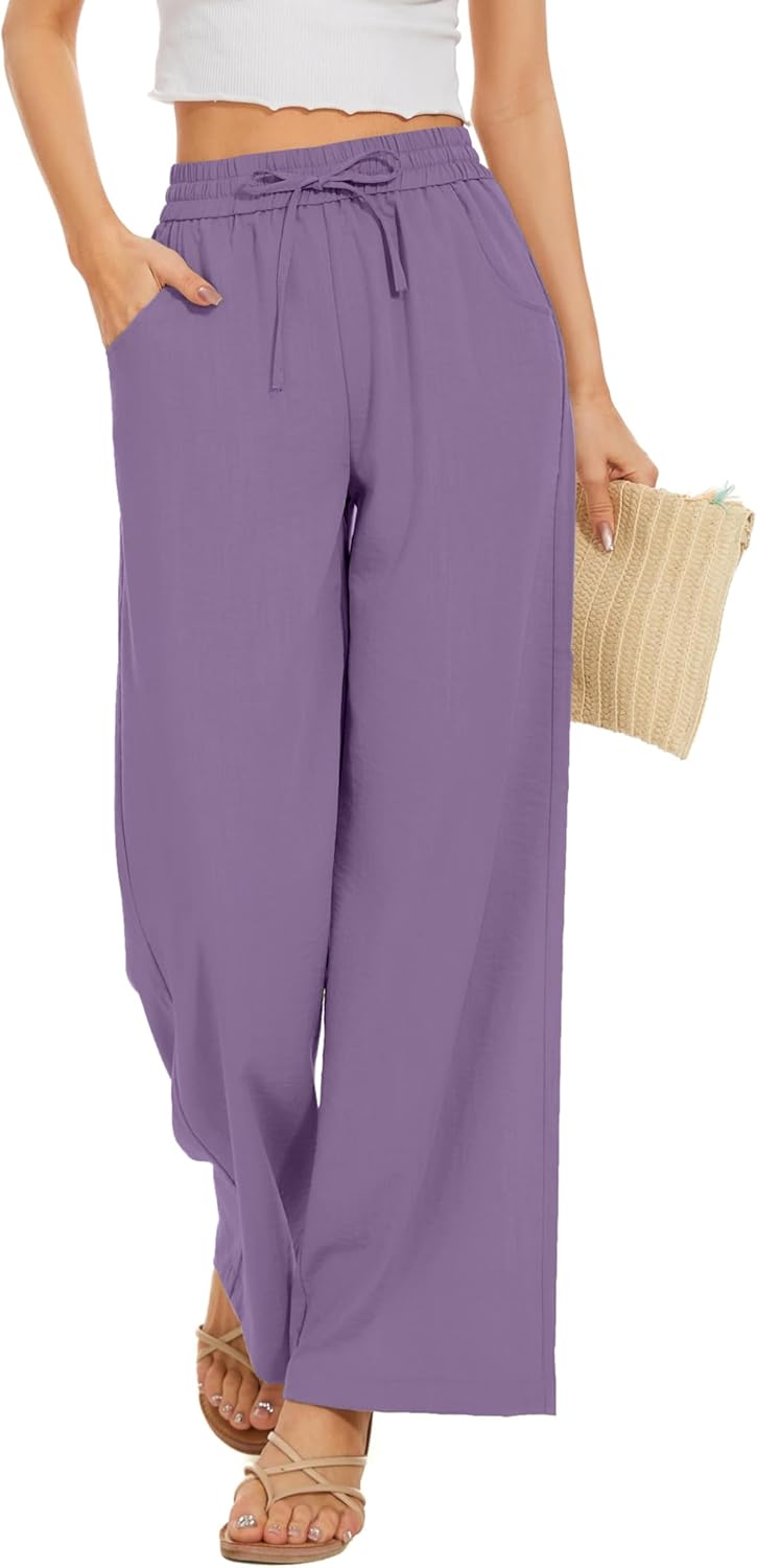 Women Flowy Pants Drawstring Waist Wide Leg Palazzo Beach Pants