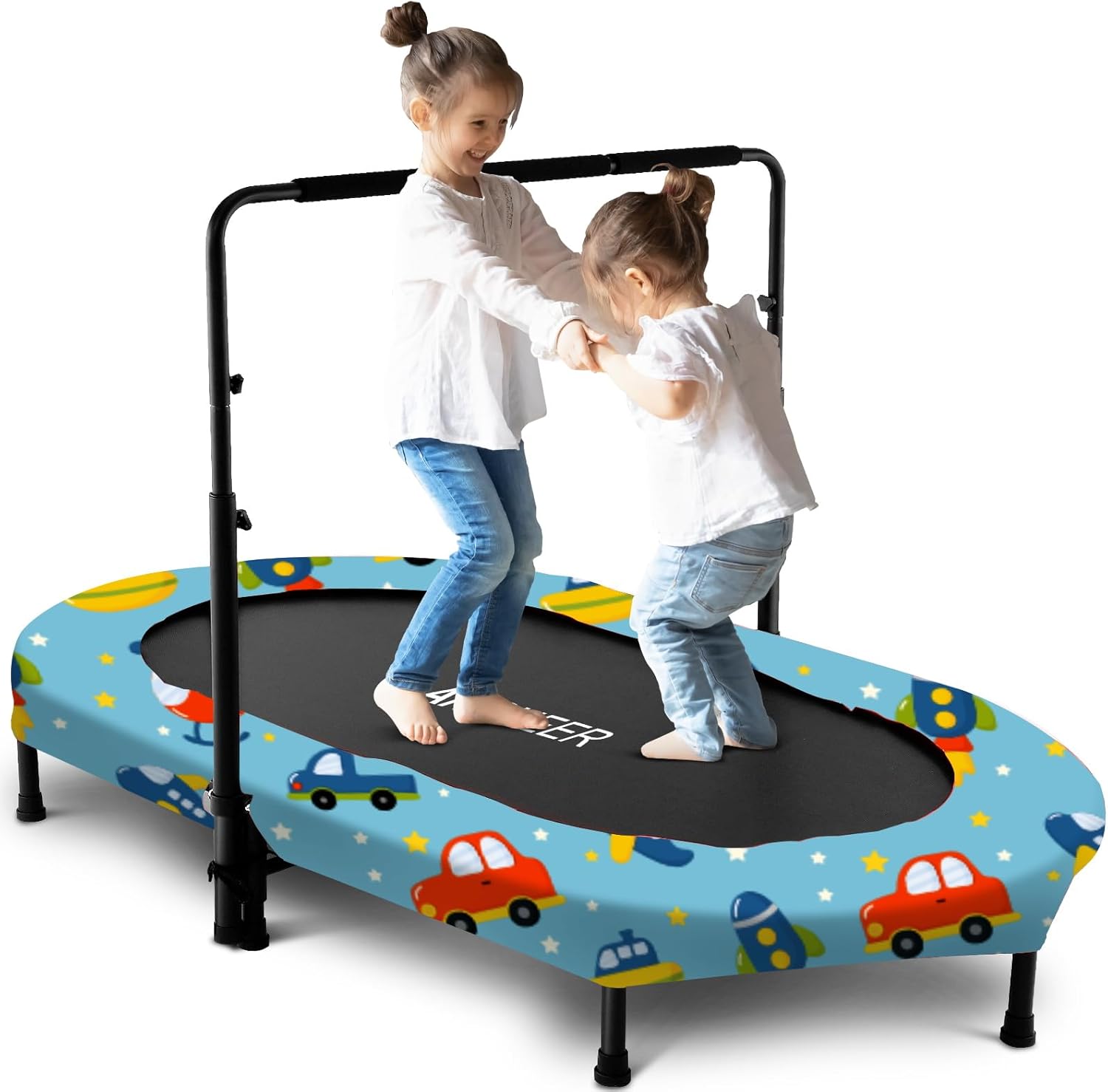 56 Inch Double Kids Trampoline with Adjustable Handlebar for Fun