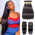 10A Brazilian Straight Human Hair 3 Bundles with 4x4 HD Lace Closure