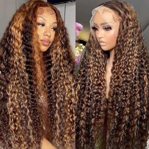 Ombre Lace Front Wigs Human Hair Highlight Deep Wave 32 Inch