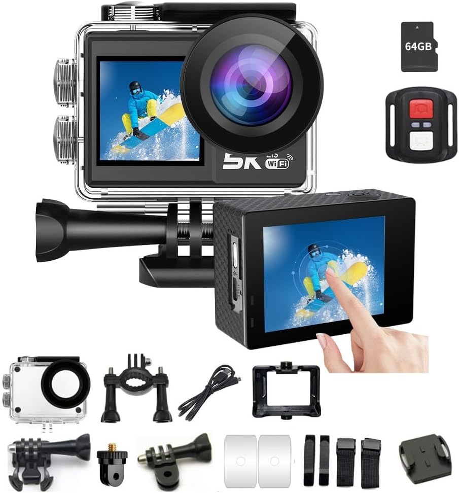 5K30FPS Touchscreen Action Cam, Waterproof, Remote Control