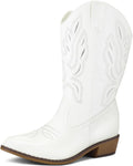 Wide Calf Cowboy Boots Pull-On Mid-Calf Embroidered Pointed Toe