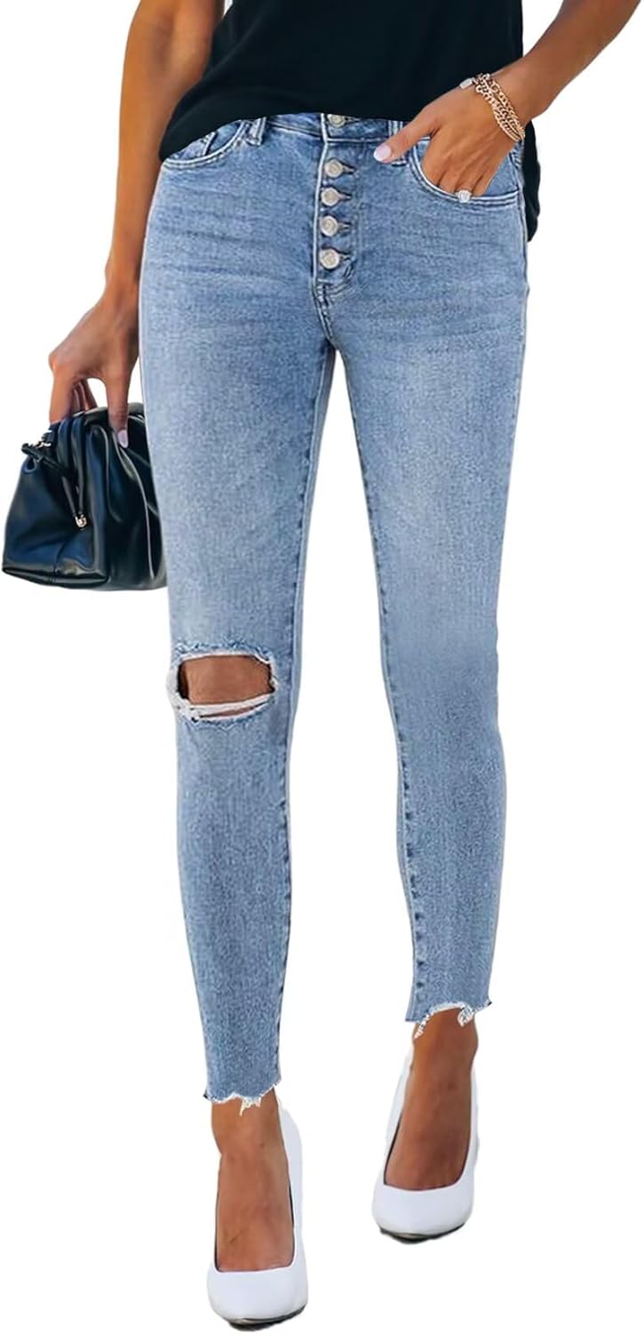 Allimy Women's High Rise Skinny Stretch Button Ripped Jeans