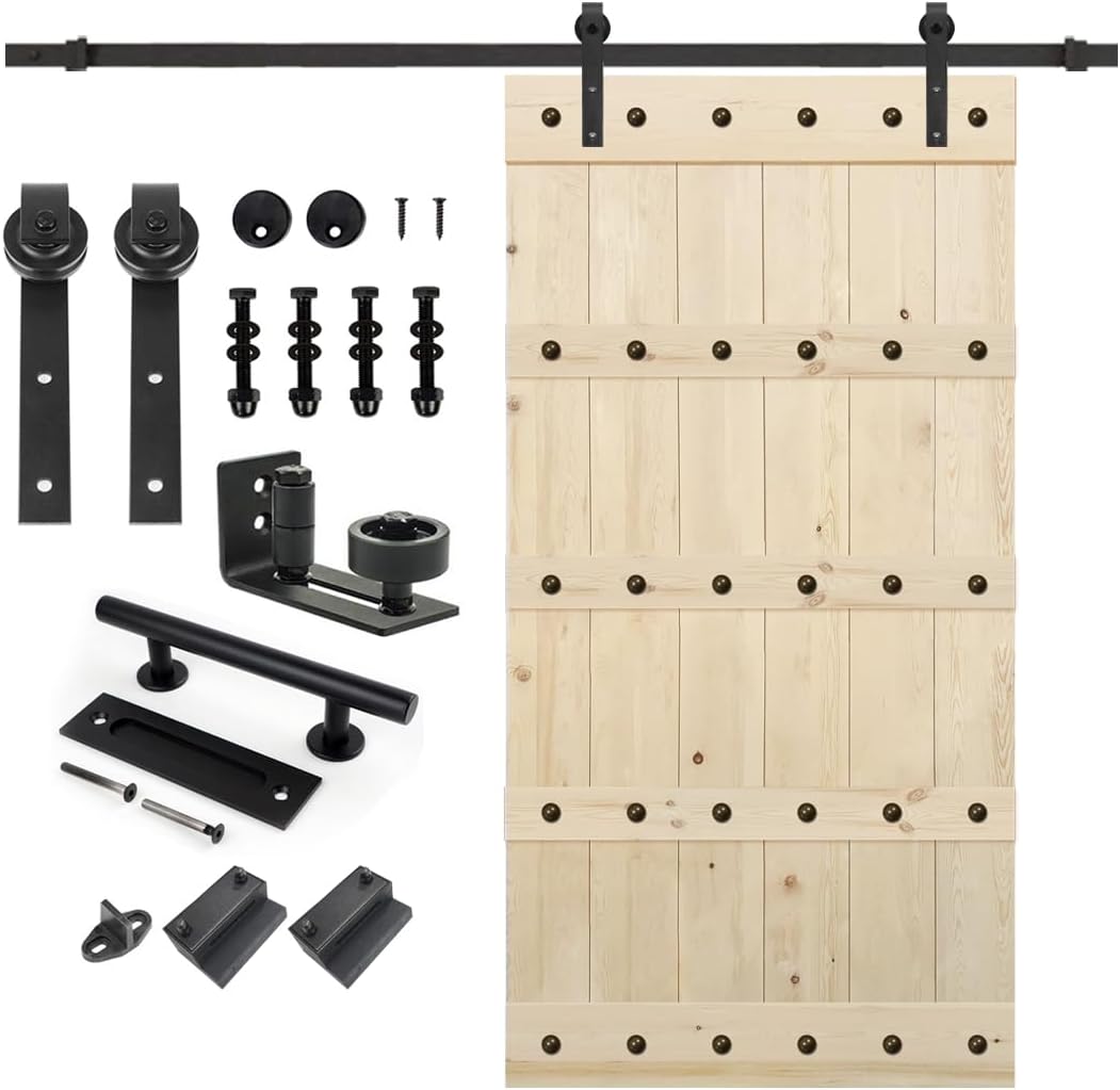Unfinished Big Copper Nail Knotty Barn Door with Hardware Kit