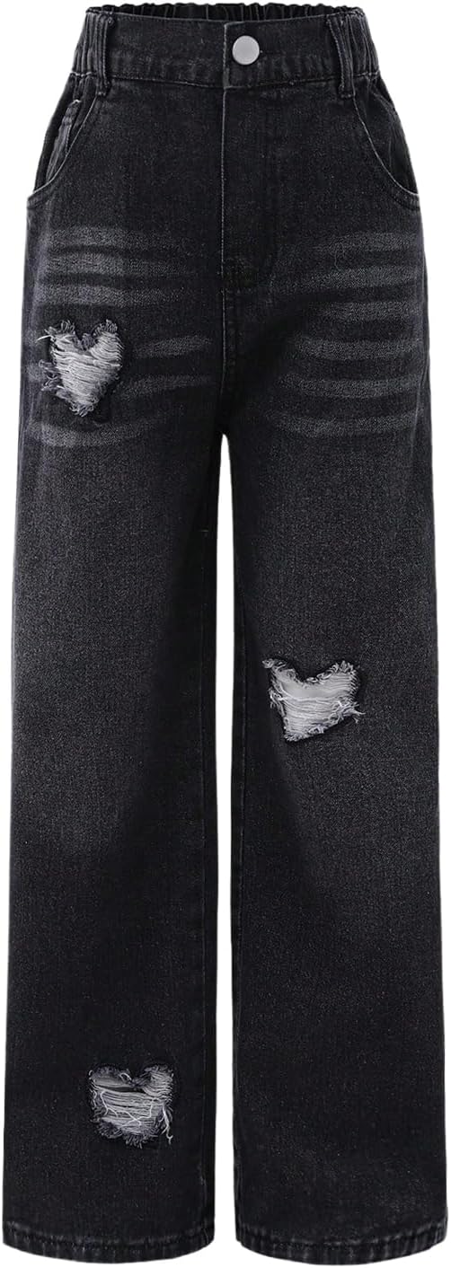 WDIRARA Girl's Bowknot Print Washed Jean Elastic Waist Denim Pants