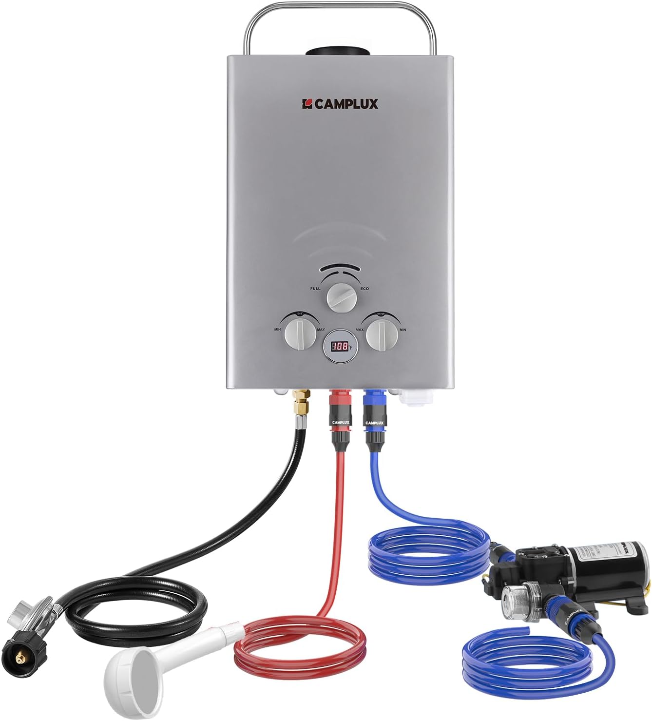 Tankless Water Heater Camplux 1.58 GPM Portable with Pump Kit