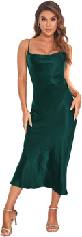 Women's Satin Silk Spaghetti Strap Midi Slip Dress - Cowl Neck