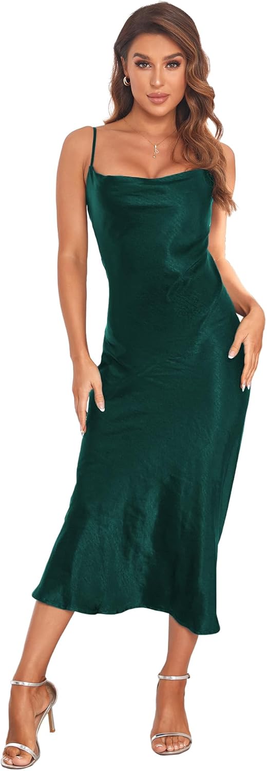 Women's Spaghetti Strap Midi Satin Silk Dress for Parties