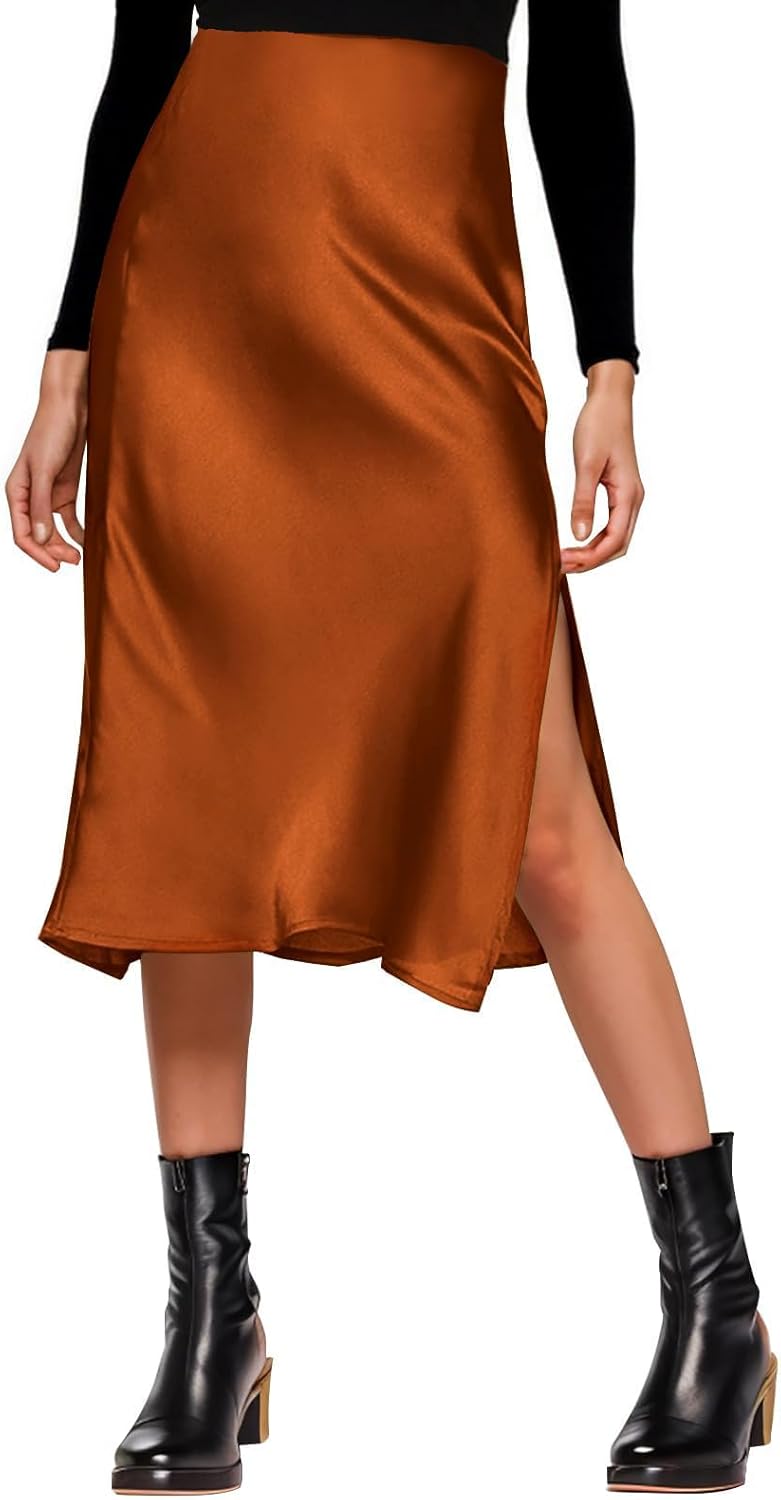 Womens Satin Silk High Waist Slit Midi Skirt for Every Occasion