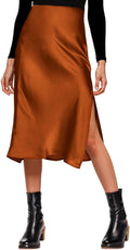 Womens Satin Silk High Waist Slit Midi Skirt - Chic Everyday Midi