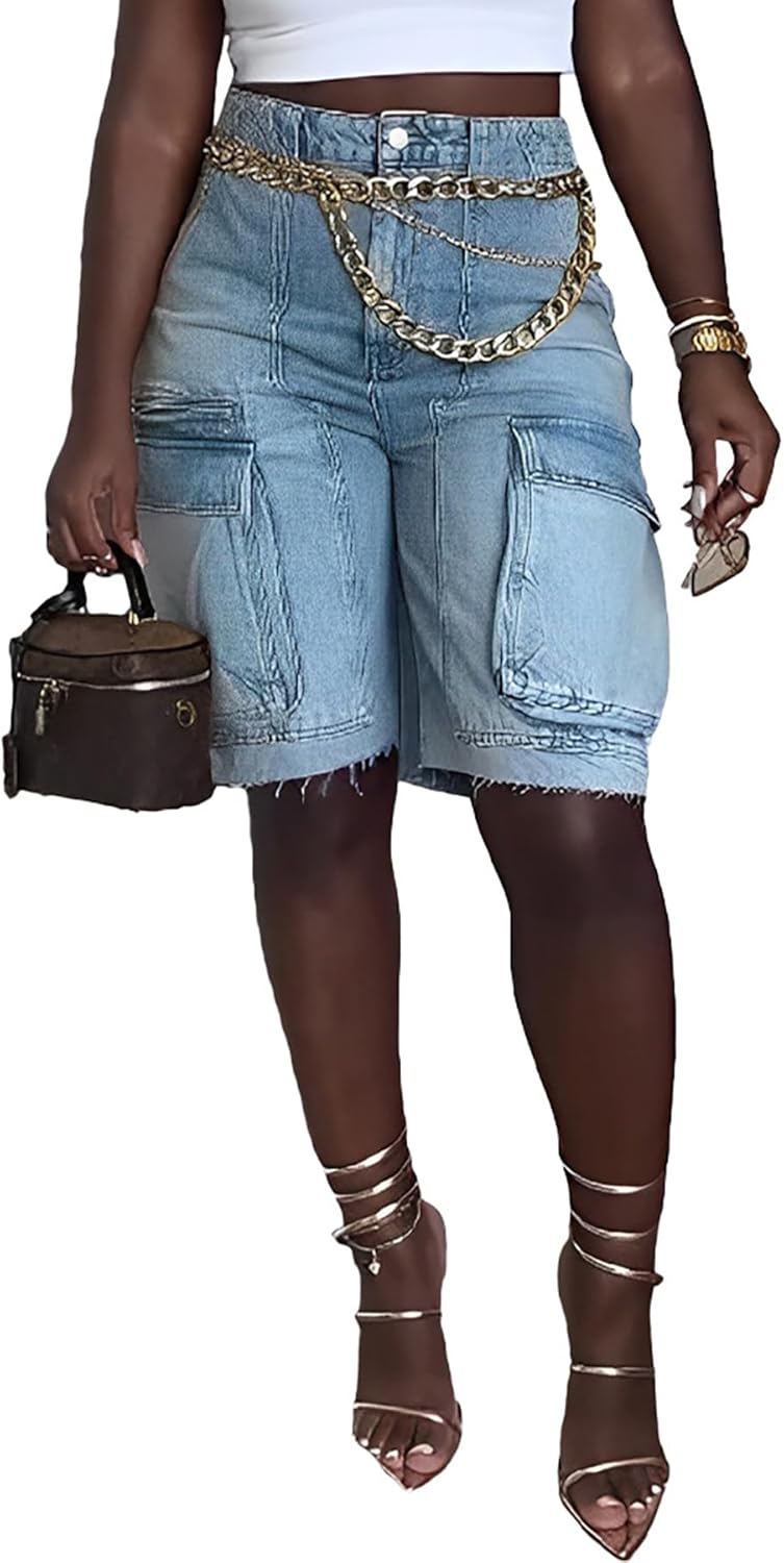 High Waisted Denim Shorts for Women - Casual Cargo Style