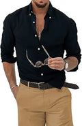 Men's Cotton Linen Button Down Shirt - Casual Business Long Sleeve