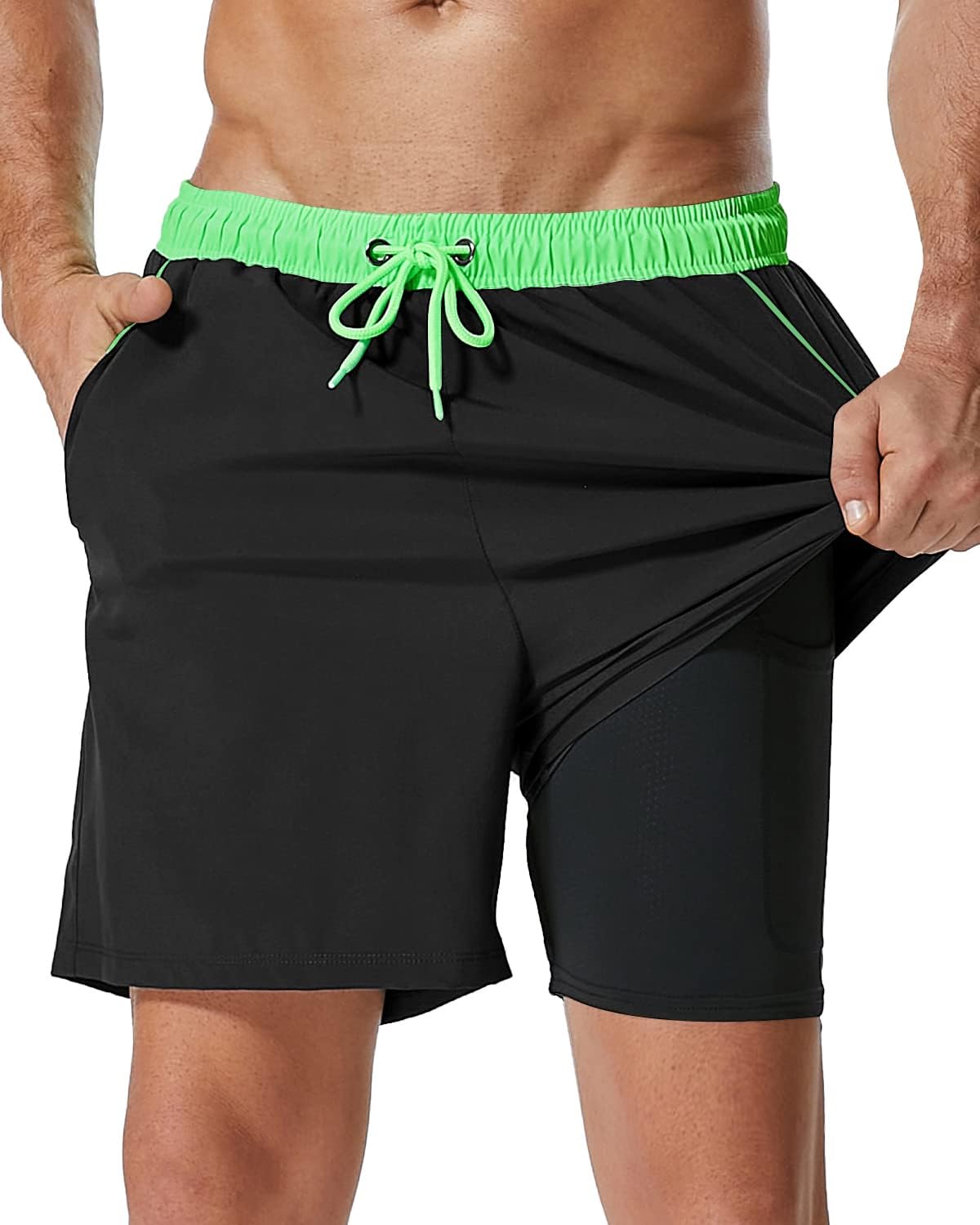 SILKWORLD Mens Swim Trunks with Compression Liner for Comfort