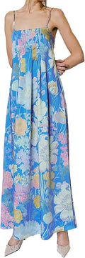 Women Boho Floral Maxi Dress Backless Spaghetti Strap A-Line - Flowy