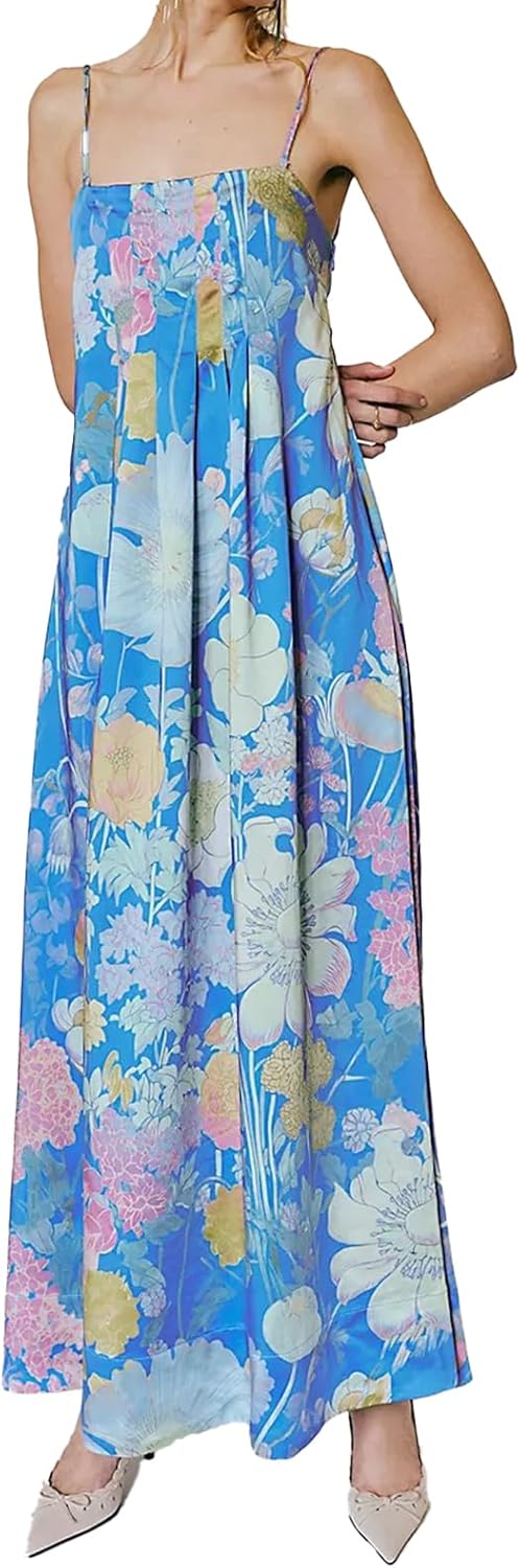 Women Boho Floral Maxi Dress Backless Spaghetti Strap A-Line