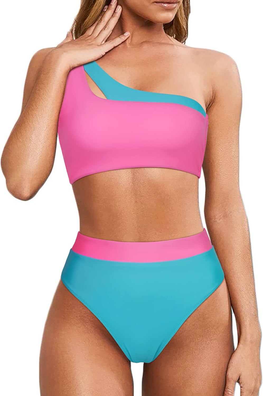 MOOSLOVER Women Cutout One Shoulder High Waisted Bikini Set