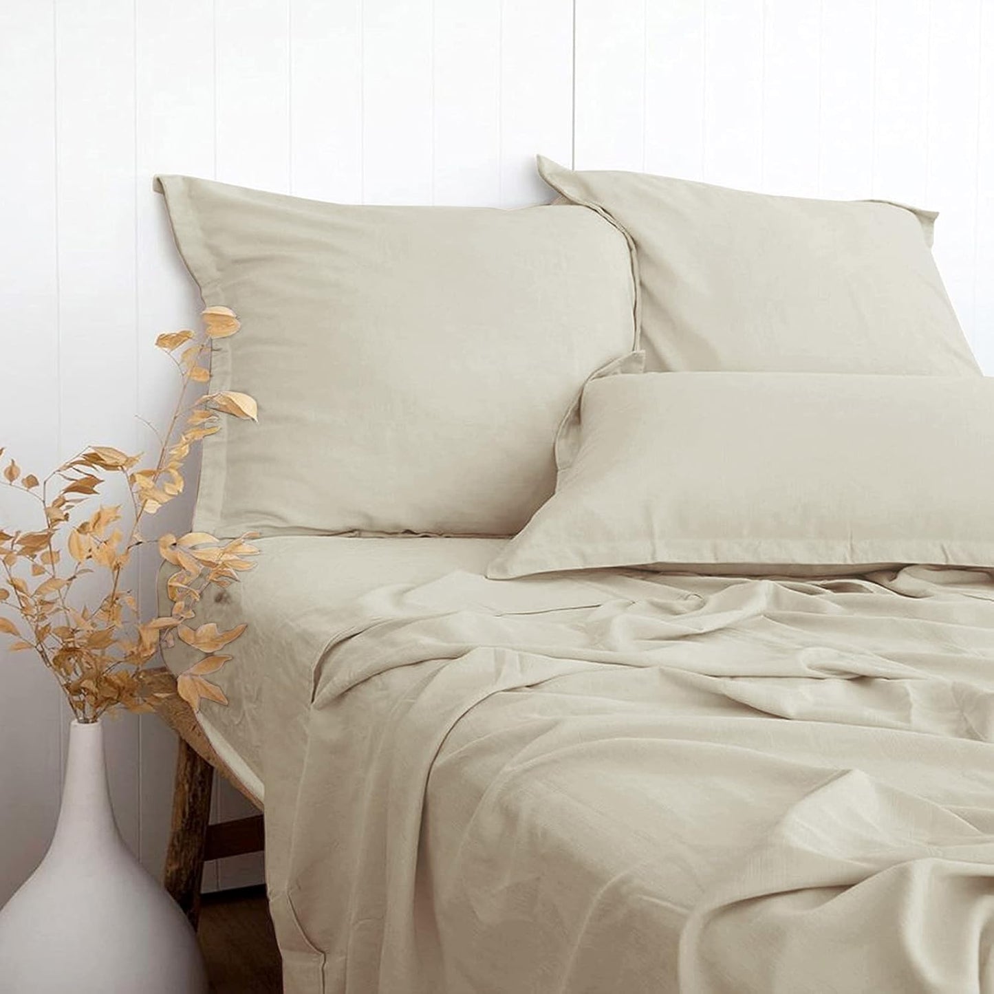 Beige Linen-Textured Bed Sheets Set for Cal King Size Comfort