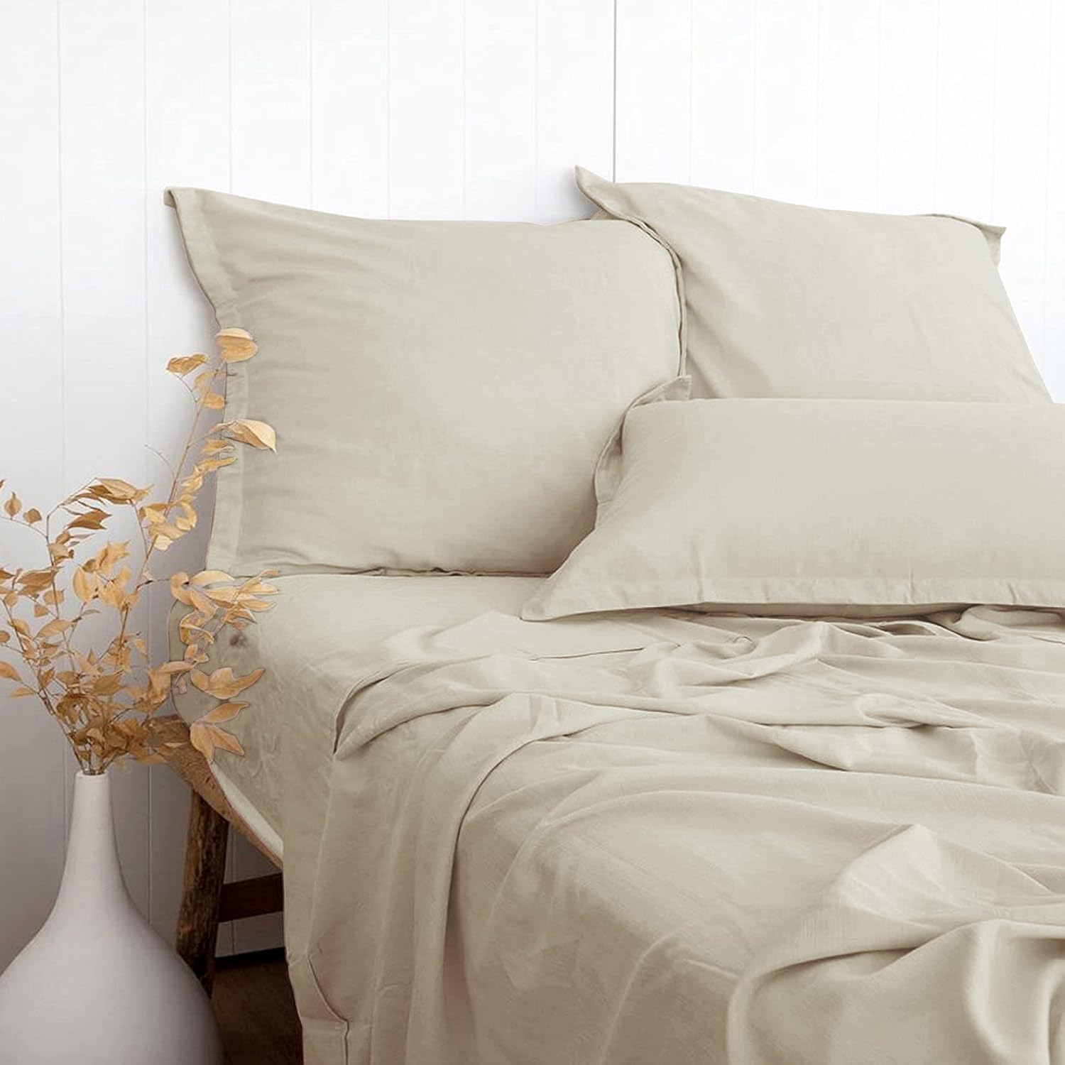 Beige Linen-Textured Bed Sheets Set for Cal King Size Comfort