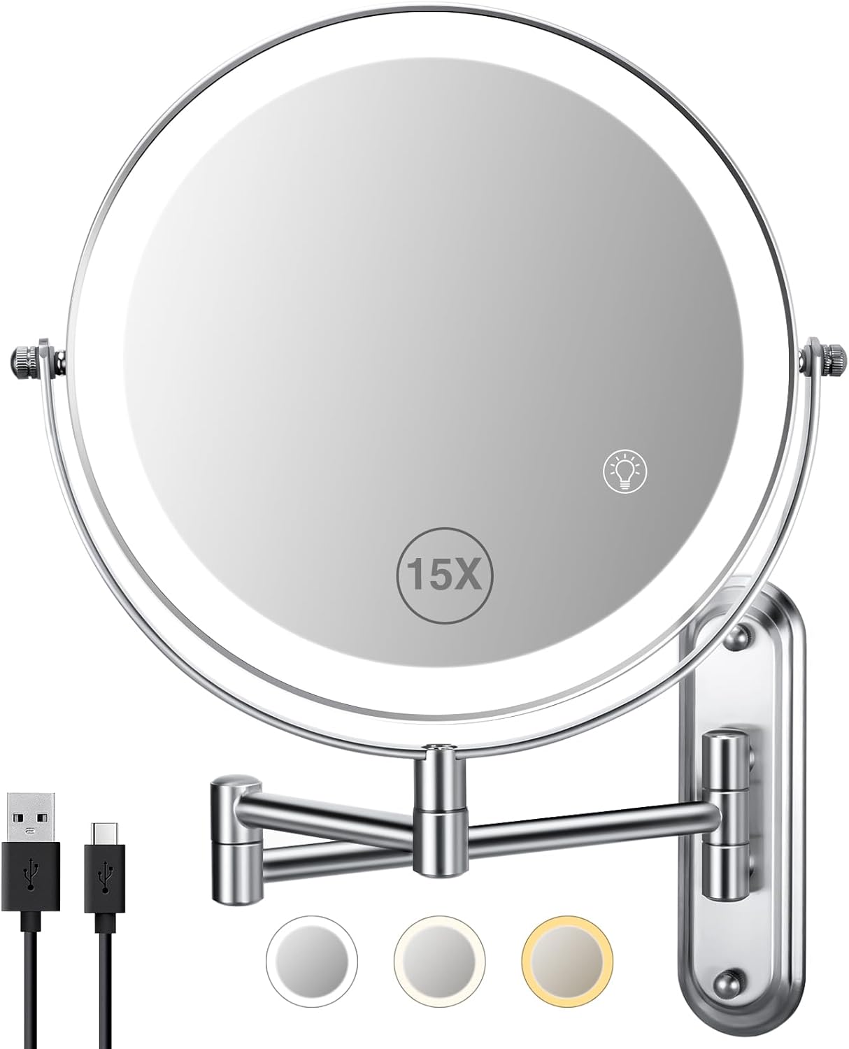 Wall Mounted Mirror with Lights - 15x Magnifying Chrome Mirror