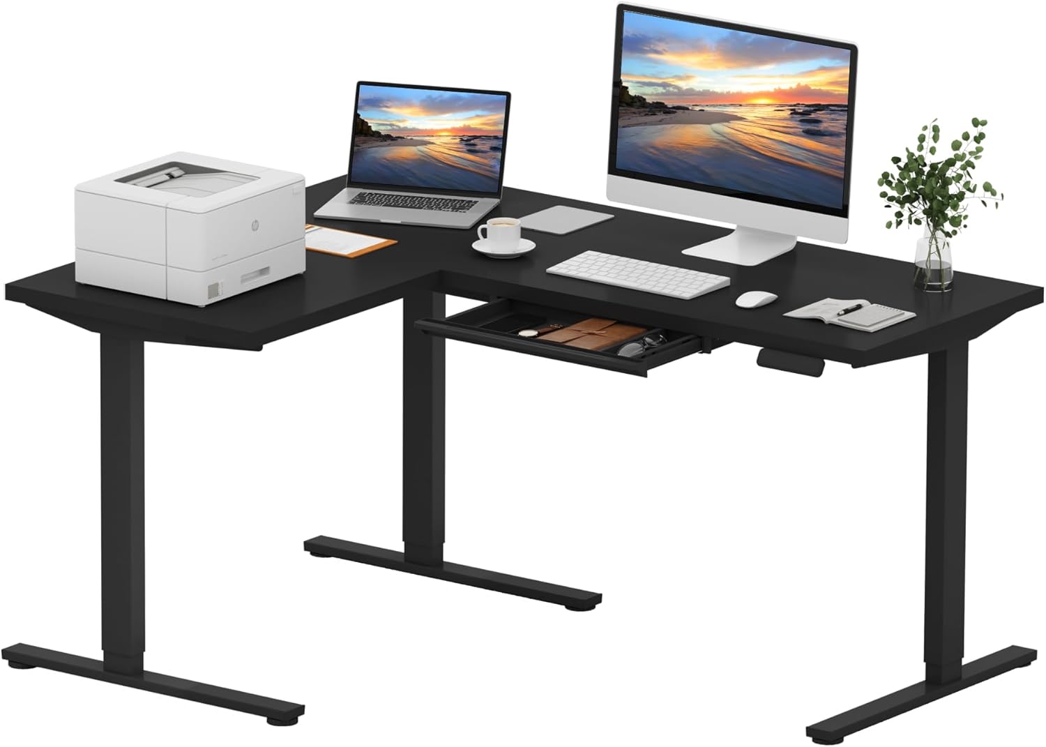 L Shaped Electric Standing Desk with Drawer for Ergonomic Work