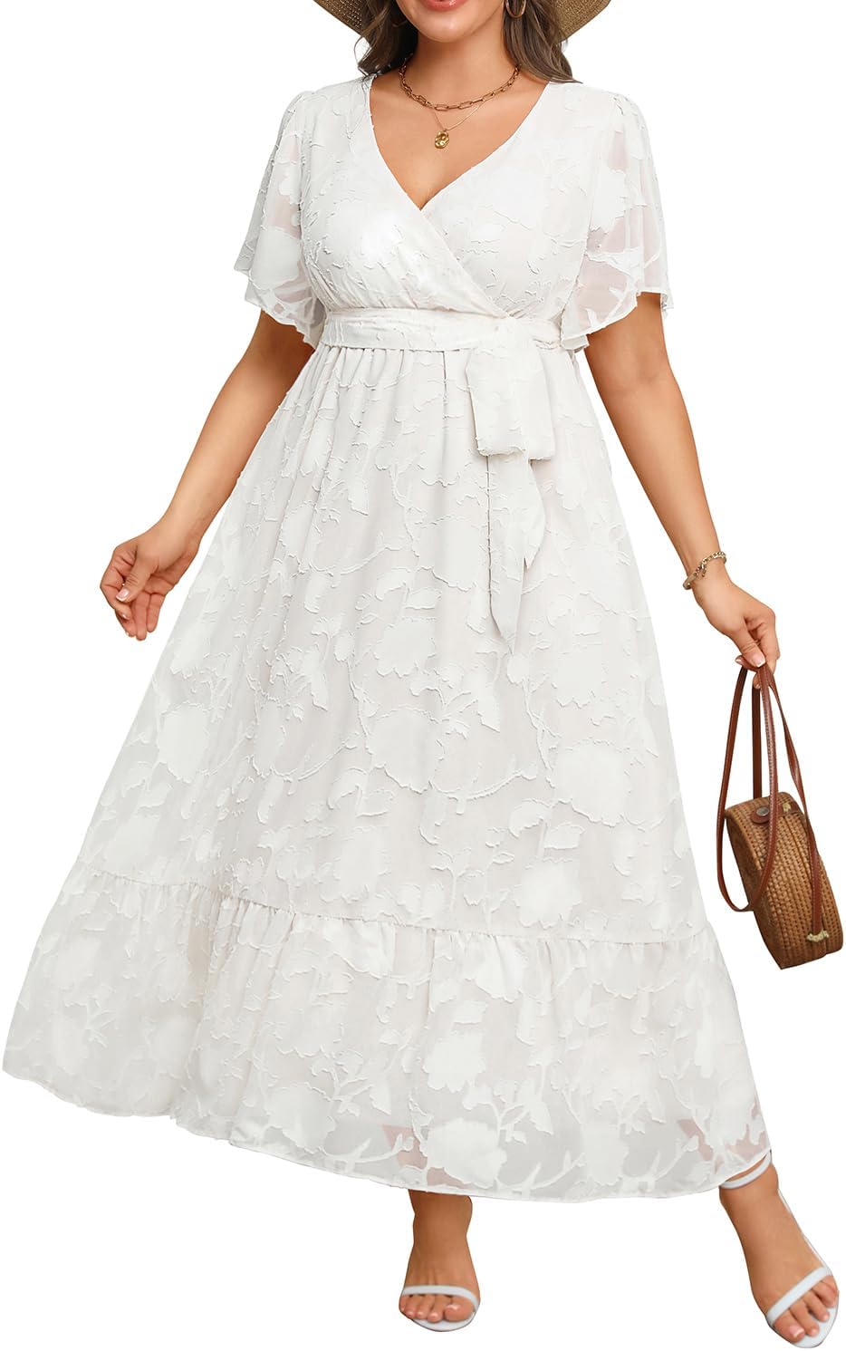 Stylish Plus Size Wrap V Neck Maxi Dress for Wedding Guests