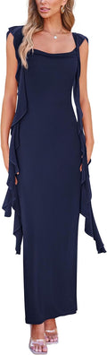 Women's Sleeveless Ruffle Maxi Bodycon Dress - Stretchy, Elegant Fit