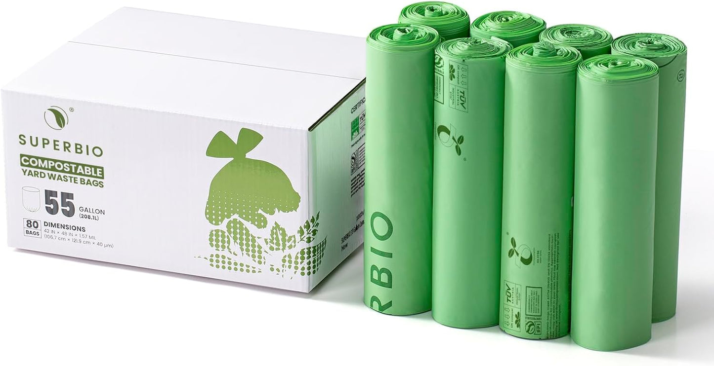 SUPERBIO 55 Gallon Compostable Yard Waste Bags for Lawn Care