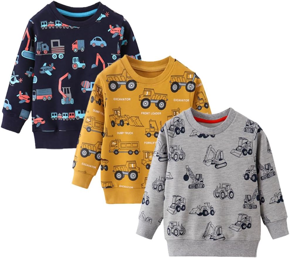 Toddler Boys 3 Pack Cotton Pullover Crewneck Sweatshirt Tops
