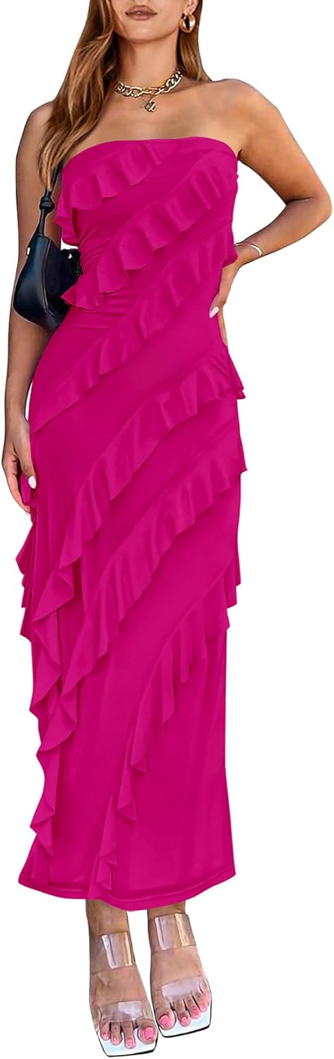 Elegant Strapless Midi Ruched Bodycon Dress for Women