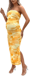 Milumia Maternity Floral Mesh Split Strapless Tube Maxi Dress