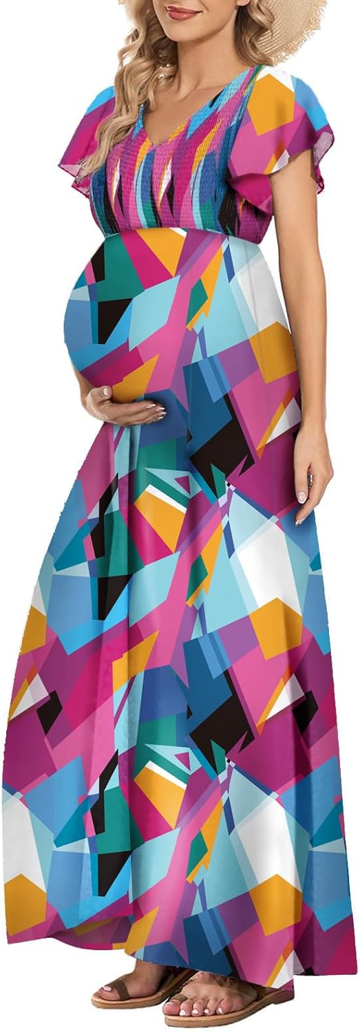 Floral Print V Neck Maternity Dress for Baby Shower Photoshoot