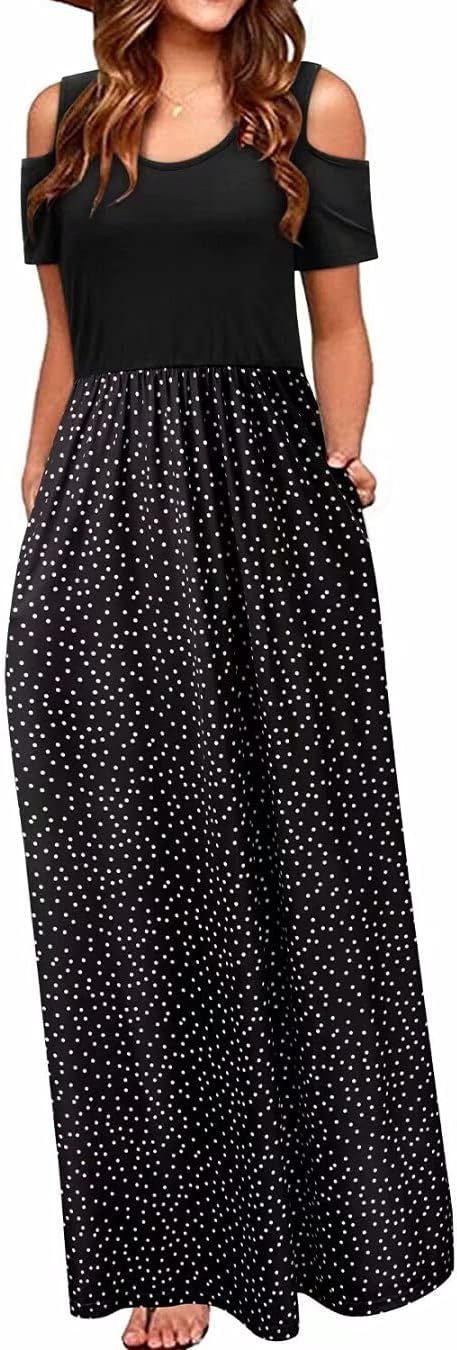 STYLEWORD Women's Cold Shoulder Maxi Dress with Pockets for Summer