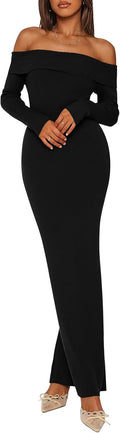 PRETTYGARDEN Off Shoulder Sweater Dress Maxi Bodycon - Sleek