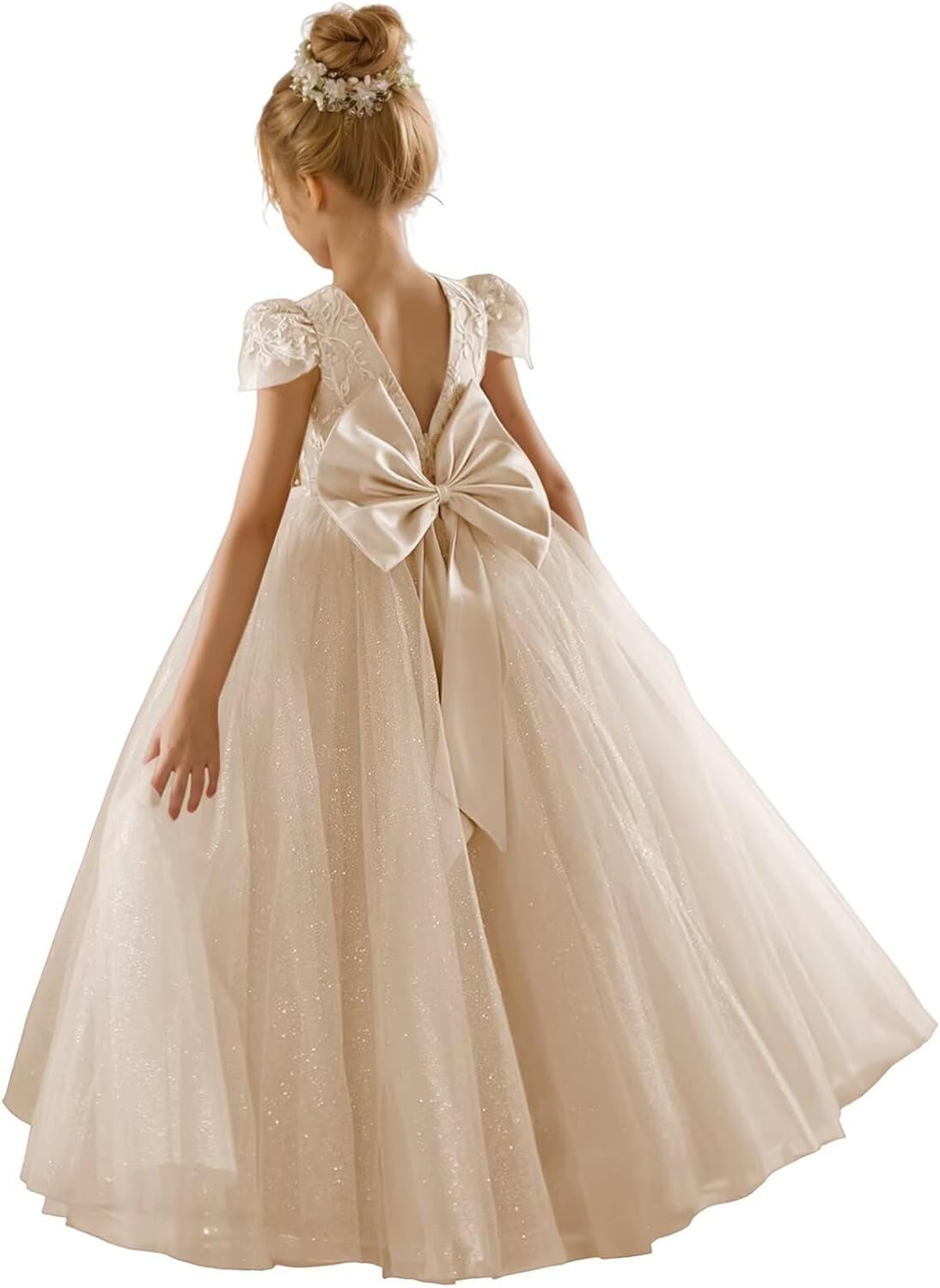 JISISANG Flower Girls Lace Cap Sleeve Dress for Special Events
