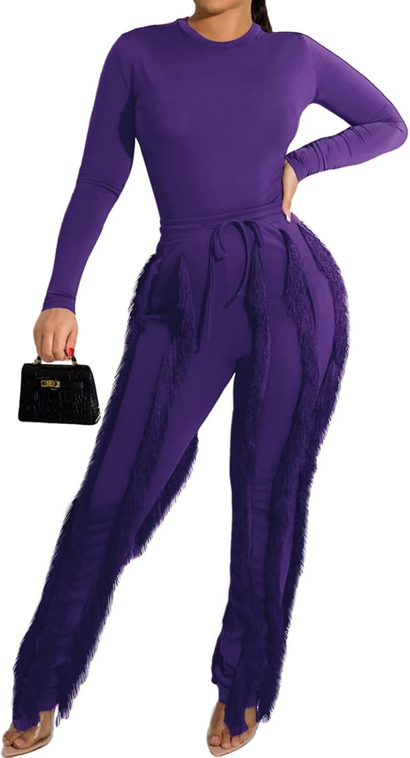 Sexy Two Piece Outfits for Women with Fringe Pants Set