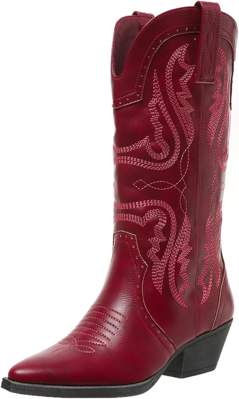 Cowboy Boots for Women Mid Calf Chunky Block Heel Stylish