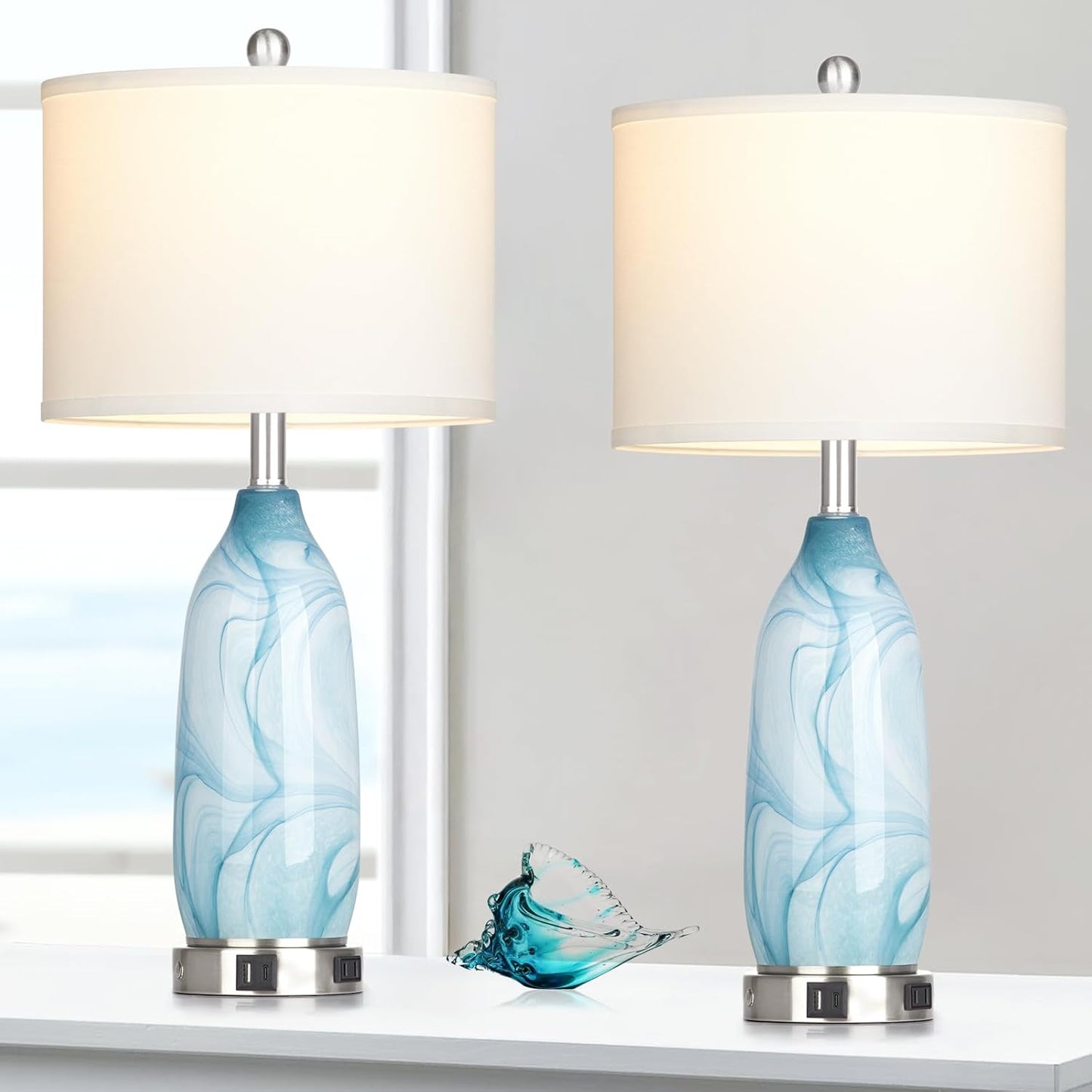 26 Coastal Glass Table Lamps Set of 2 with USB Ports and AC Outlet