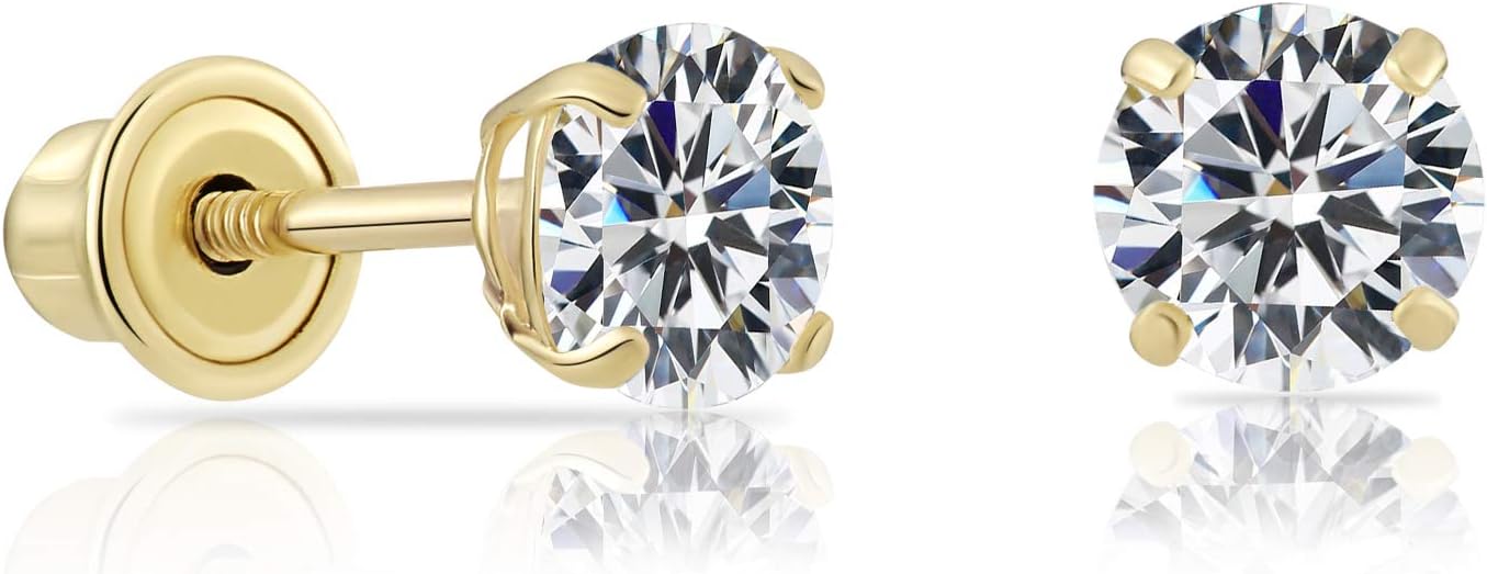 14k Yellow Gold Solitaire Round Cubic Zirconia Stud Earrings