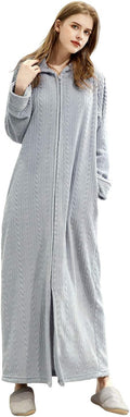 Women Long Zipper Robe with Hood and Pockets - Plush Microfleece