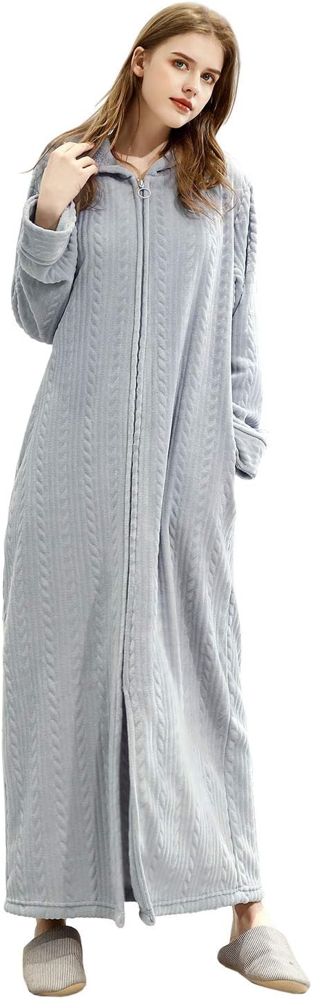 Artfasion Womens Robe Long Zipper Front Hooded Full Length Sleepwear