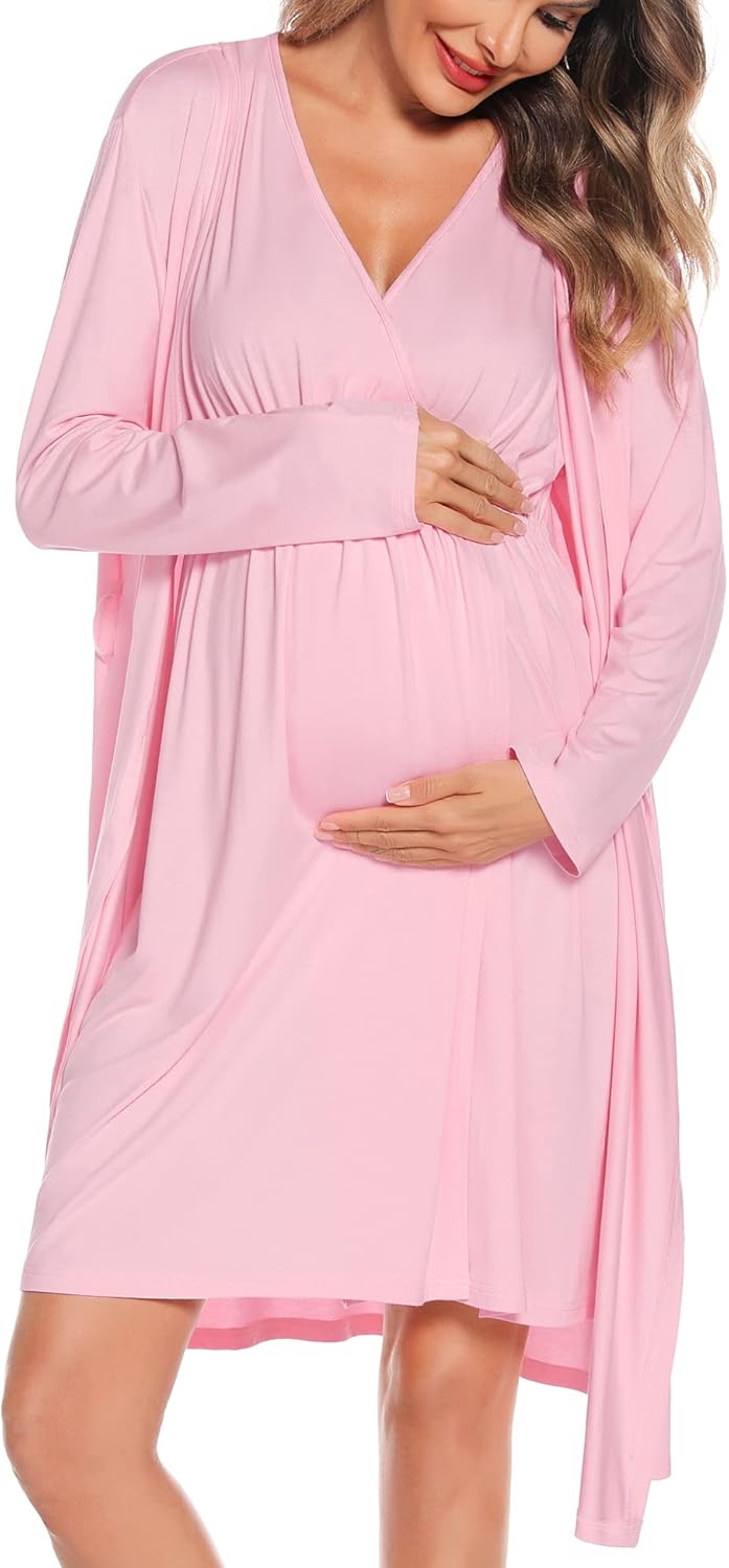 SWOMOG Women Maternity Nursing Gown and Robe Set for Comfort