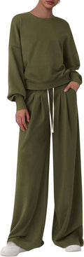 Womens 2 Piece Knit Lounge Set - Long Sleeve Crewneck & Wide Leg Pants