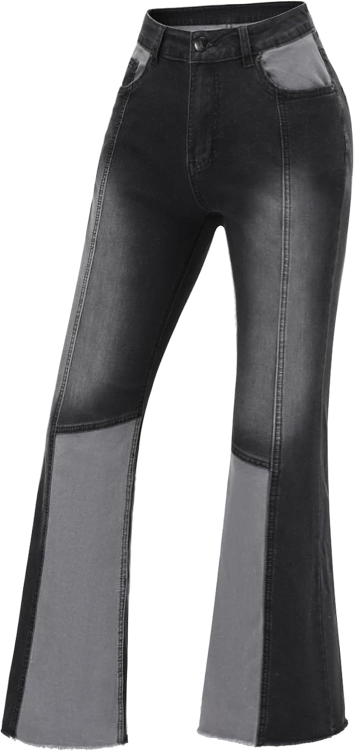 Patchwork Flare Jeans for Women - High Waisted Bell Bottom Style