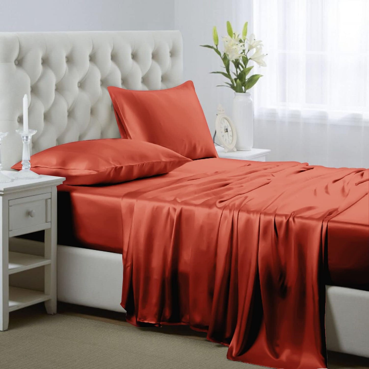 Luxurious California King Size Satin Bed Sheet Set in Burnt Orange