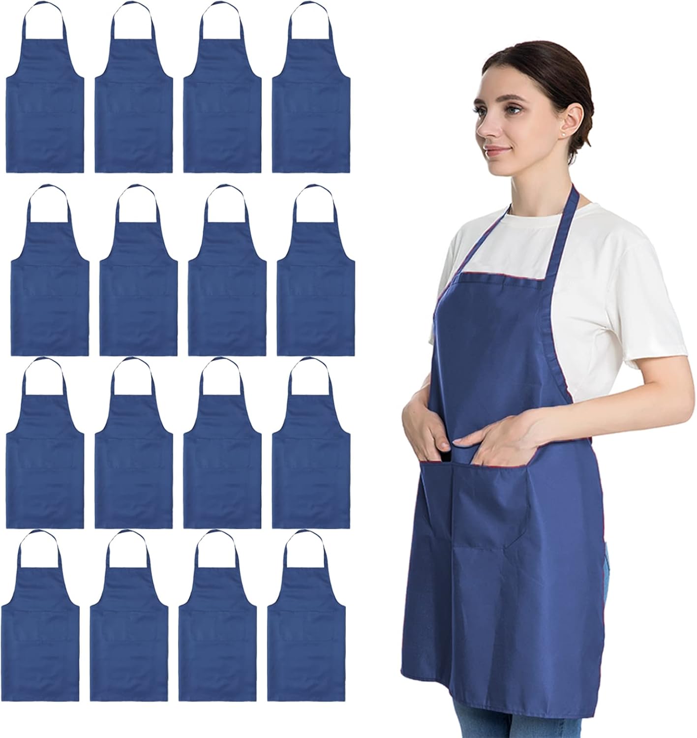 Blue Aprons Bulk for Women with Pockets - 16 PCS Set