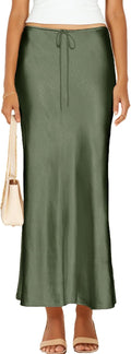 Womens Satin Silk Maxi Skirts Drawstring Flared A-Line Long Skirt high