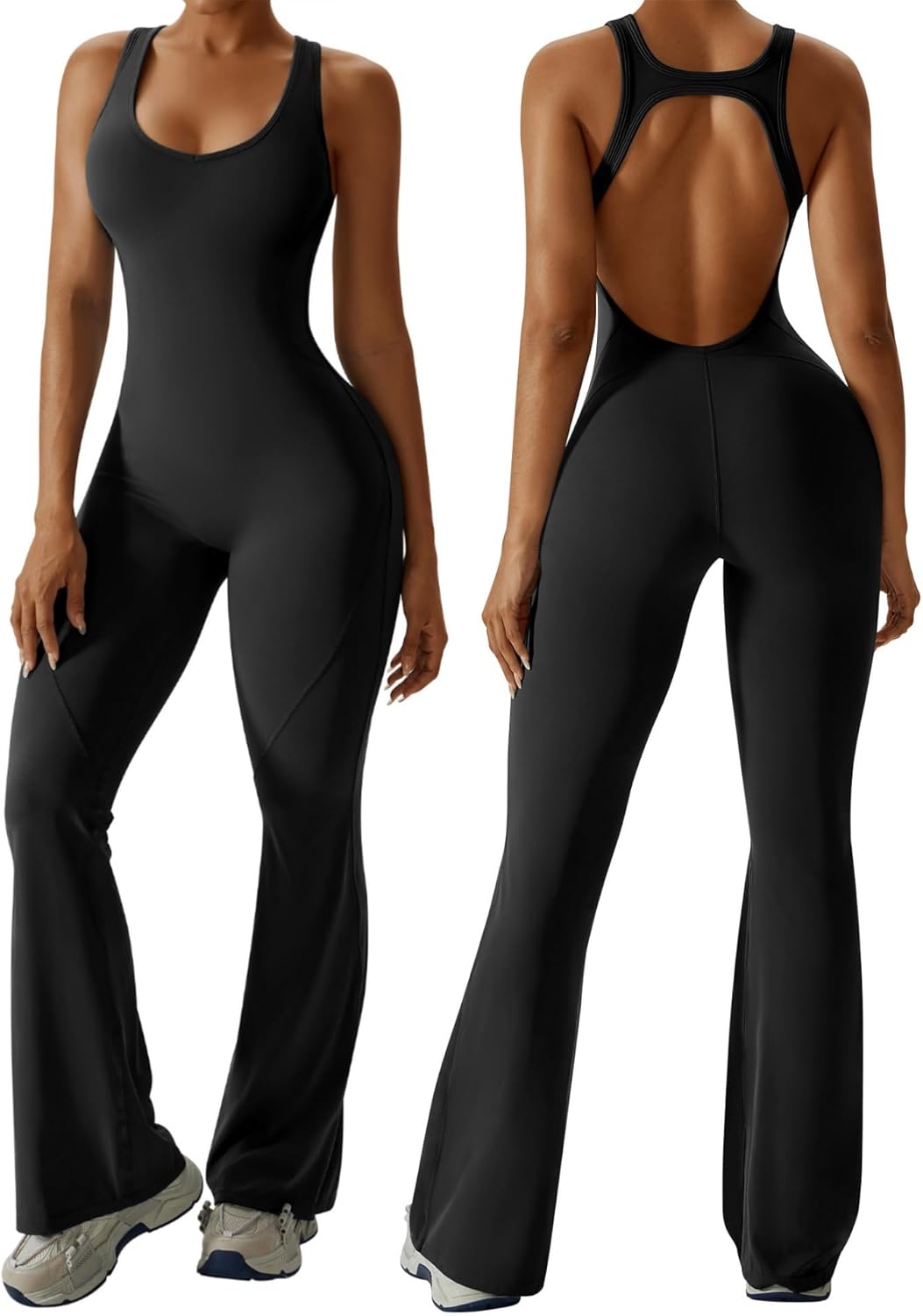 OEAK Womens Flare Jumpsuit with Tummy Control Cutout Design