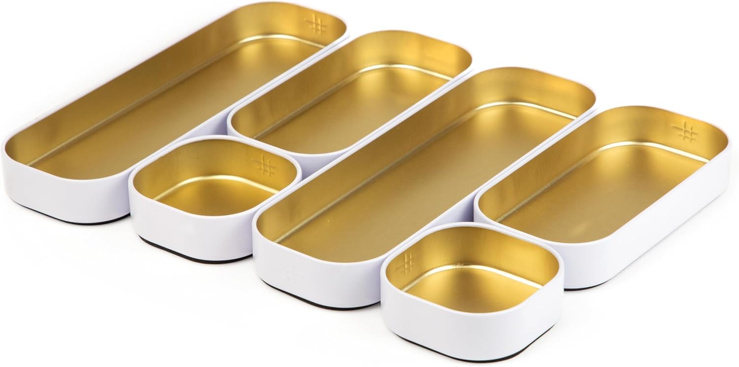 6pc Shallow Metal Organizer Tray Set - Gold/White - Office, Kitchen, Bathroom