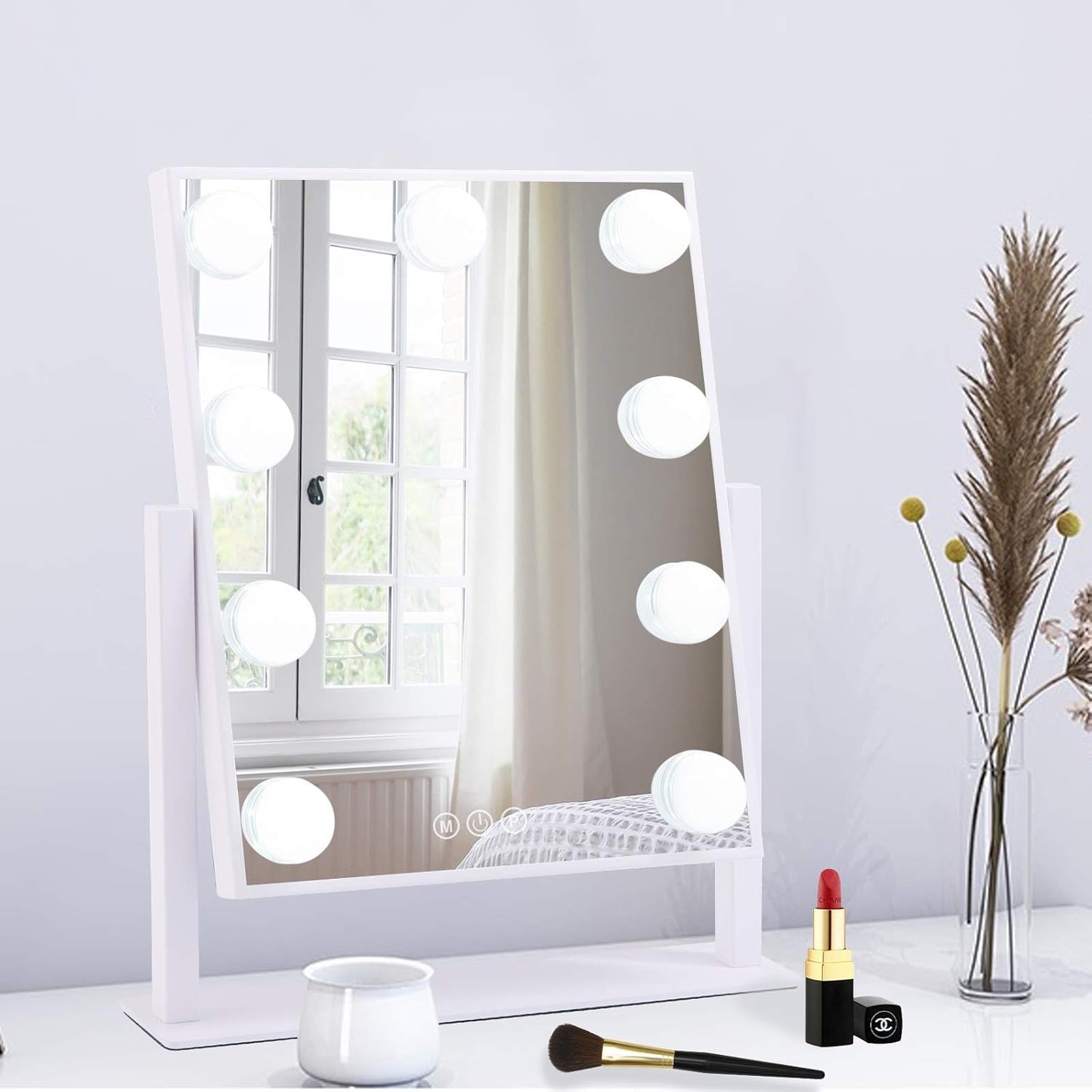 360 Swivel Hollywood Makeup Mirror with 10X Magnification - Touch Control LED Lights (White)